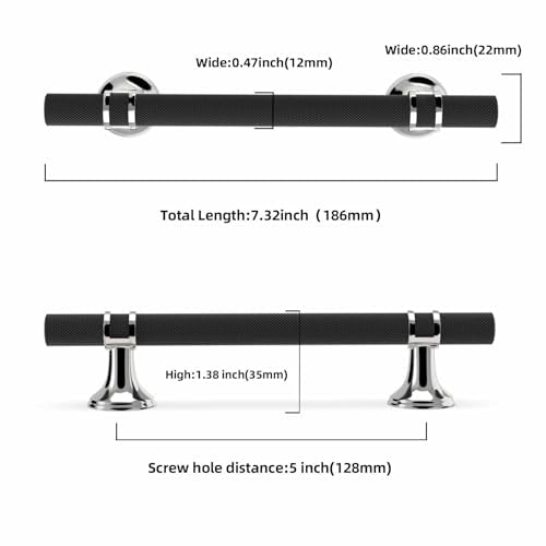 20 Pack 5 Inch Black and Polished Chrome Cabinet Handles - color: Black and Polished Chrome Knurled, size: 5'' Hole Center(128mm)