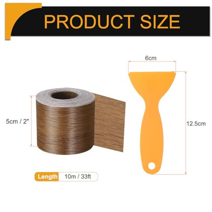 Wood Grain Repair Tape 2 Inch x 33ft Self Adhesive Repair Patch Tape Simulated Wooden Floor Tapes with Plastic Scraper for Tables Doors Windows Furniture, Brown Wood