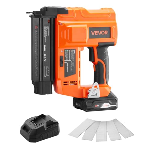 VEVOR Cordless Brad Nailer, 18 Gauge, 20V Battery Powered Nail Gun, with 500 pcs Nails, 2.0 Ah Li-ion Battery and Charger, Adjustable Nailing Depth, for Home Improvement, Woodworking, DIY Project - size: 18 Gauge - 1 Battery