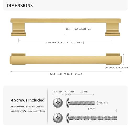 Lardmon 10 Pack 6.3 Inch(160mm) Hole Center Brushed Gold Kitchen Cabinet Handles Modern Cabinet Pulls Kitchen Cabinet Hardware Solid Drawer Pulls Handles for Dresser, Total Length 7.28 Inch - color: Brushed Gold, size: 6.3 Inch Hole Center
