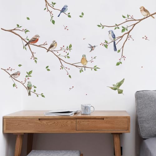Runtoo Bird on Tree Branch Wall Decals Watercolor Birds Flower Wall Stickers Bedroom Living Room Office Home Decor