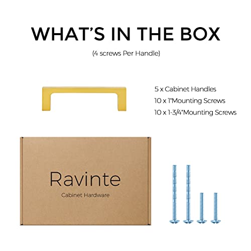 Ravinte Brushed Brass Solid Pulls Cabinet Handles 3-1/2 Inch 5 Pack - size: 3-1/2 Inch Hole Center