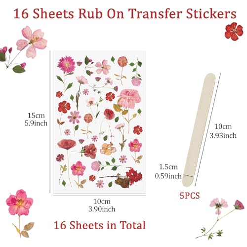 WANDIC 16 Sheets Rub On Transfer Stickers, Dry Flower Theme Decals Aesthetic Sticker for Scrapbook Journal Planner Album DIY Ctaft,4 * 6in - style: Dry Flower Theme