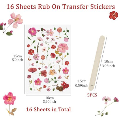 WANDIC 16 Sheets Rub On Transfer Stickers, Dry Flower Theme Decals Aesthetic Sticker for Scrapbook Journal Planner Album DIY Ctaft,4 * 6in - style: Dry Flower Theme