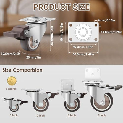 W B D WEIBIDA 1 Inch Rubber Casters Wheels for Furniture, Plate Swivel Casters Set of 4, Low Profile Casters with Brakes, Soft and Non-Skid Wheels for Bins, Bottom Storage Box, Furniture - size: 1IN TPR