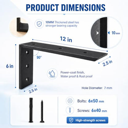 WINKER Countertop Support Bracket 2 Pack Heavy Duty 3/8" Thick Hidden L Shelf Bracket 12" x 6" x 2.5" Metal Corbels for Quartz/Granite/Wood/Concrete/Laminate Countertops, Black - size: 12″x6″x2.5″-3/8" thick, style: Black-2Pack