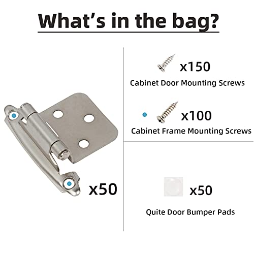 Decobasics 25 Pairs (50pcs) Self Closing Variable Overlay Flush Cabinet Hinge - Satin Nickel - color: As the picture shown, size: 1/2"