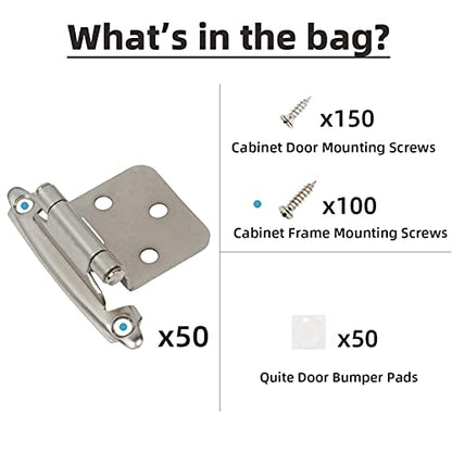 Decobasics 25 Pairs (50pcs) Self Closing Variable Overlay Flush Cabinet Hinge - Satin Nickel - color: As the picture shown, size: 1/2"