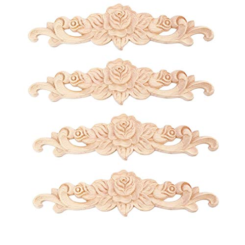 4PCS Wood Carved Applique Onlay Unpainted Corner Onlay Applique Door Cabinet Rose Unpainted European Style (20x5cm/7.87x1.97inch) - size: 20cm x 5cm