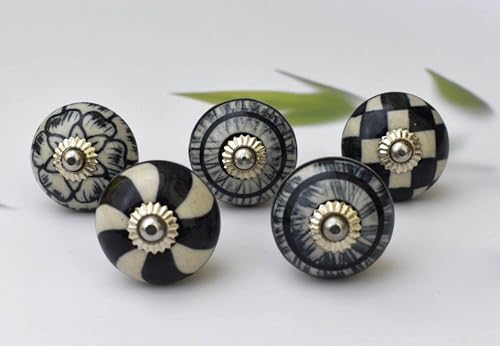Ceramic Knobs: Cabinet & Furniture Knobs, Black & White, 6 x 3.8 cm, Set of 10, Glossy Finish, Hand-Painted, Traditional Style - color: cute_f, size: 6 x 3.8 cm (Set of 10)