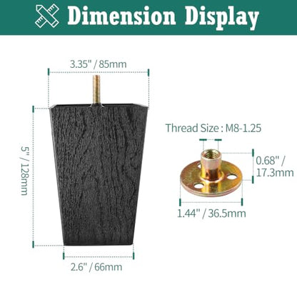 4pcs Plastic Square Legs 5" with Plate Nuts, M8-1.25 Thread - size: 5 Inch, M8-1.25 Metric Bolts