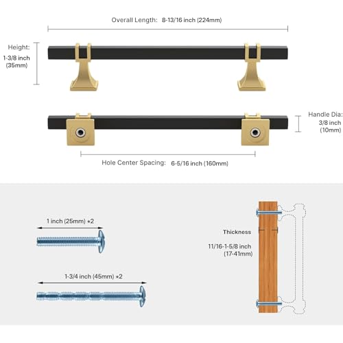 Haliwu Black and Gold Cabinet Pulls 6 Pack 6-1/4 Inch, Matte Black Drawer Handles Square 2 Tone Hardware, T Bar Cabinet Pulls for Dresser Bathroom Closet and Cupboard - color: Black and Matte Gold, size: 160mm(6-1/4 inch)