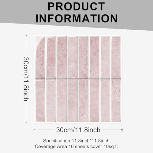 10 Sheets Thicker Design Peel and Stick Backsplash, Self Adhesive Wall Tiles, Stick on Backsplash for Kitchen and Bathroom, 11.8"x11.8", Pink - color: Pink