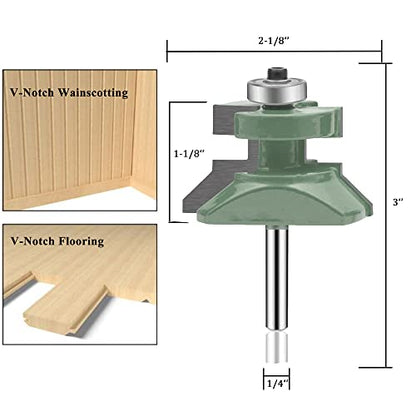 OLETBE Tongue and Groove Flooring Router Bit Set 1/4-Inch Shank 2 PCS Woodwork, V-Notch Wainscotting and Flooring Matched Woodworking Cabinet Router Bits Sets with Edge Banding(4)