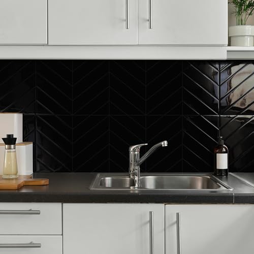 10-Sheet Herringbone Peel and Stick Backsplash Tiles for Kitchen, 3D Marble Look Self Adhesive Stick on Back Splashes Wall Tiles for Bathroom 11.5"x9" Black - color: Black