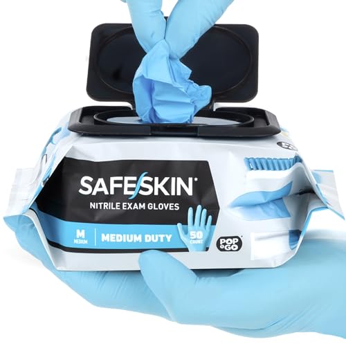 SAFESKIN Disposable Nitrile Gloves in POP-N-GO Pack (50 or 200 Count) Medium Duty, Powder-Free -Cleaning, Gardening, Crafts - size: Large (Pack of 50)