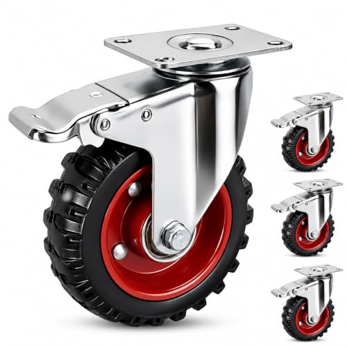 5 Inch Heavy Duty Caster Wheels, Dual-Lock Brake, Non-Marking Quiet Rubber Tires, 600LBS Each, 2400LBS Total, 4 Pack Industrial Caster Wheels, Ideal for Workbench, Trolley and Cabinet（Red） - color: Red