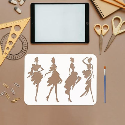FINGERINSPIRE Abstract Art Fashion Lady Stencil with Paintbrush 11.7x8.3inch Reusable Fashion Woman Stencil Plastic Lady Beauty Dress Drawing Template Stencil for Home Wall Fabric Art Decor - style: Abstract Art Fashion Lady