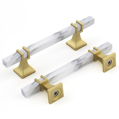 Rergy 10 Pack Cabinet Handles, White Marble & Matte Gold Pulls, 4" - color: White Marble & Matte Gold &Square, size: 4 inch (102mm) Hole Center