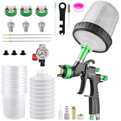 A610 LVLP Air Paint Spray Gun Kits with 650ml Mixing Cup & 10x Disposable Cups, 1.3/1.5/1.7mm Nozzles LVLP Automotive Paint Gun Sprayer, Paint Gun for House Painting, Furniture, Fence, Car - color: Black