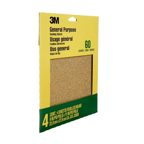 3M Sandpaper, 60 Grit, 4 Sheets, 9 x 11 in, Coarse Aluminum Oxide - size: 9 in x 11 in, style: Coarse