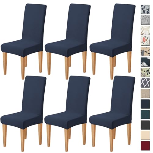 Dioxide Stretch Chair Covers for Dining Chairs, Washable Dining Chair Covers Set of 6, Soft Kitchen Chairs Seat Covers, Jacquard Parson Chair Slipcover Protectors for Home Hotel Restaurant Banquet - color: Navy Blue, size: 6PCS