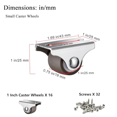 Mini Fixed Caster Wheels 1 Inch Low Profile Small Casters Set 16