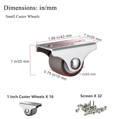 Mini Fixed Caster Wheels 1 Inch Low Profile Small Casters Set 16