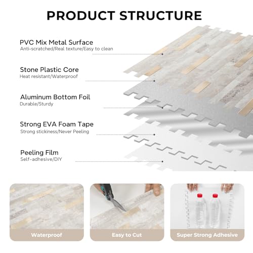 STICKGOO Peel and Stick Backsplash, PVC Wall Tiles Stick on Backsplash for Kitchen(10 Sheets, Beige with Metal Gold) - color: Beige with Metal Gold