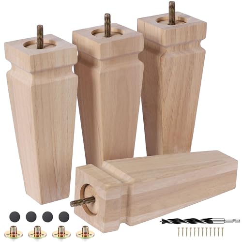 Unfinished Oak Sofa Legs - Heavy Duty Mid Century Solid Wood Replacement Furniture Legs Set of 4 for Couch, Table, Bench, Bed, Dresser, Chair - with Installation Hardware (Natural 8" H*2.5" W) - color: Plain Wood Color, size: 8"H*2.5"W