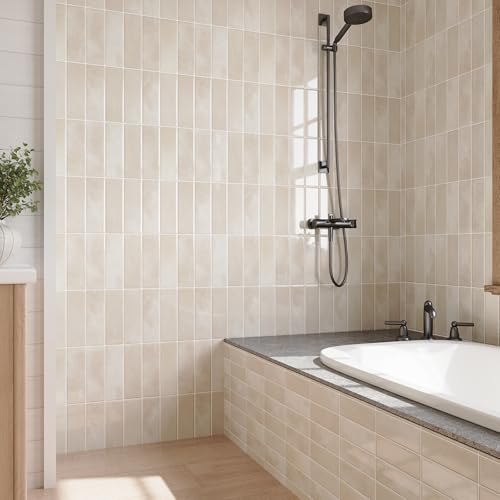 VEELIKE Beige Peel and Stick Backsplash Rectangular Subway Back Splash Stick on Tiles for Kitchen 6 Sheet 12''x12'' Self Adhesive Renter Friendly Backsplash Wall Tile Stickers for Bathroom Powder Room - size: Box of 6 Tiles