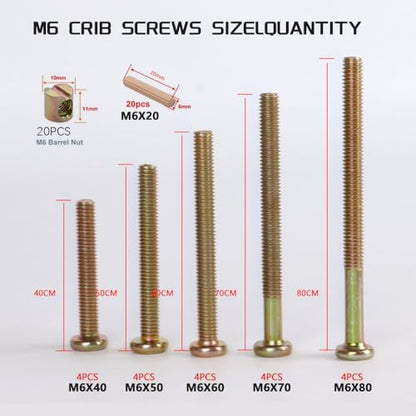 Baby Bed Frame Bolts, Crib Screws Hardware ReplacementKit M6x20/40/60/80mm Hex Drive Socket Cap Screws Barrel Nuts Wooden Dowel Kit for Beds Chairs Furniture et (Silver 20set) - size: Silver 20set