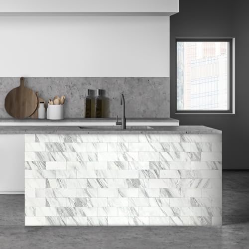 AULIGET 100-Piece White Marble Look Peel and Stick Backsplash Wall Tiles, 3" x 6" PVC Faux Stone Stick on Tile for Backsplash Kitchen, Bathroom, Laundry Room, Camper, Fireplace - color: White Marble