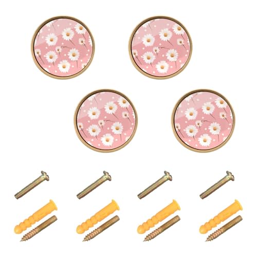 4 Pack Daisy Pattern Pink Cabinet Knobs Round 1-1/4 Inch (32 mm) Dresser Drawer Pulls Kitchen Cabinet Hardware Handles Knobs for Dresser Kitchen Drawer - color: A03
