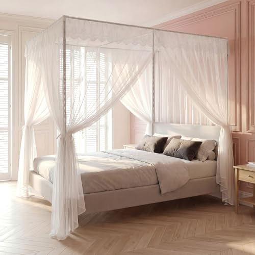 6.56x6.56x6.56Ft Canopy Bed Frame, Four Corner King Canopy Bed Frame Stainless Steel Metal Frame Bracket Tee Connectors for Bedroom Decor (White)
