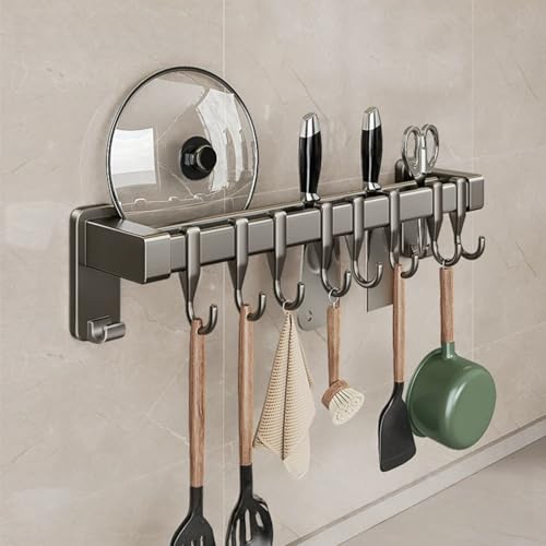 【No-Drill Adhesive for Kitchen】Utensil Rail with 8 Sliding Hooks – 11.8/15.75/19.69 Inch Rustproof Organizer for Pots, Lids & Tools, Scratch-Free Holder for Small Kitchens, Peel Off Without Damage - size: 15.75inch(40cm)