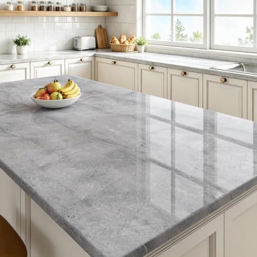 Livelynine 15.8x394 Marble Peel and Stick Wallpaper Panels Gray White Glossy Marble Granite Countertop Contact Paper Waterproof Kitchen Counter Vinyl Wrap Removable Bathroom Shelf Liner Self Adhesive - color: Grey and White, size: 15.8" x 394"