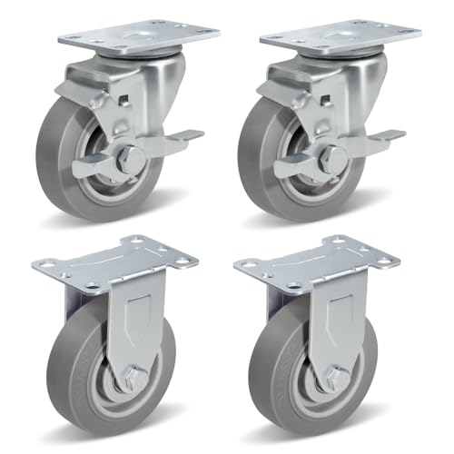 Casters Set of 4 Heavy Duty, 3.5" Plate Swivel Caster with Rubber Wheels for Furniture Platform Truck Dolly Cart (2 Brakes & 2 Rigid)