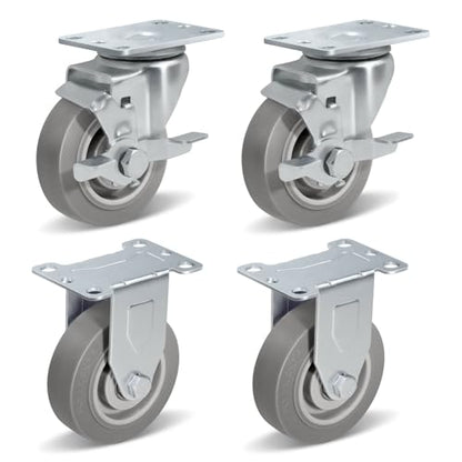 Casters Set of 4 Heavy Duty, 3.5" Plate Swivel Caster with Rubber Wheels for Furniture Platform Truck Dolly Cart (2 Brakes & 2 Rigid)