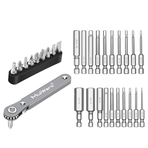 MULWARK 11PC Right Angle Screwdriver 1/4 Mini Ratchet Wrench Screwdriver Set and 20PCHex Head Allen Wrench Drill Bit Set Bundle