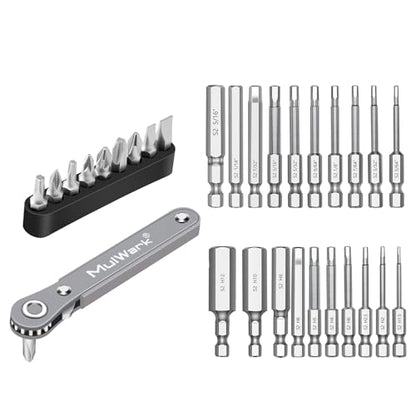MULWARK 11PC Right Angle Screwdriver 1/4 Mini Ratchet Wrench Screwdriver Set and 20PCHex Head Allen Wrench Drill Bit Set Bundle