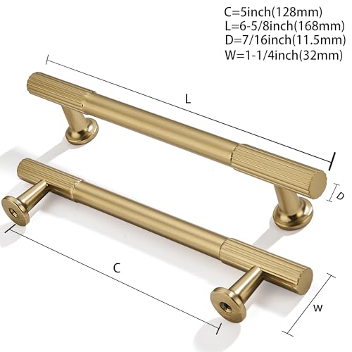 10-Pack 5 Inch Hole Center Brushed Brass Cabinet Pulls Solid Heavy Duty Cabinet Pull is Suitable for Drawers Dressers Handles Kitchens Bathroom cabinets - color: Brushed Brass, size: 5 Inch(128mm) hole center