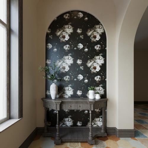 Laatse Dark Black Floral Wallpaper Peel and Stick 17.5" × 118" - color: Black/White, size: 17.5" x 118"