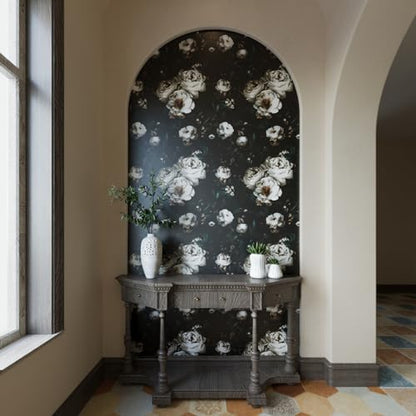Laatse Dark Black Floral Wallpaper Peel and Stick 17.5" × 118" - color: Black/White, size: 17.5" x 118"