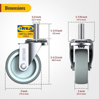 HOLKIE Caster Wheels 3 inch with No Brake Stem Casters, 1/2" -13 x 1-1/4" (Stem Diameter 1/2", Stem Length 1-1/4") Threaded Swivel Casters Set of 8 Heavy Duty Castors Grey - color: Grey-8Pack, size: 1/2" -13 x 1-1/4"