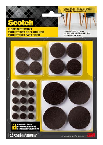 Scotch Felt Pads 162 PCS Brown, Felt Furniture Pads for Protecting Hardwood Floors, Round, Assorted Sizes Value Pack, Self-Stick design, Protecting from nicks, dents and scratches (SP847-NA)