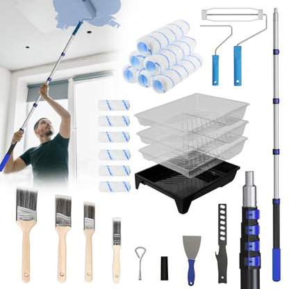Paint Roller Kit with 4.4FT Telescoping Extension Pole, 27 PCS Paint Brushes Kit, 4" 9" Paint Roller, Paint Trays, Paint Roller Frame, Scraper for Home Interior, Painting Walls, Ceiling, House