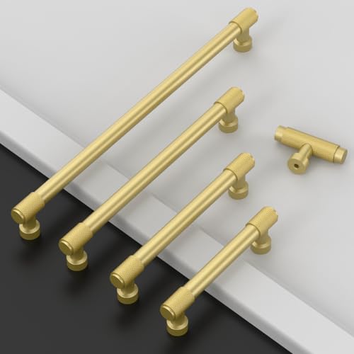Amerdeco 10 Pack Brushed Gold Knurled Cabinet Pulls 5 Inch(128mm) Hole Center Kitchen Cabinet Handles Drawer Pulls Cabinet Hardware ZH0034 - color: Brushed Gold, size: 5"/128MM Hole Center