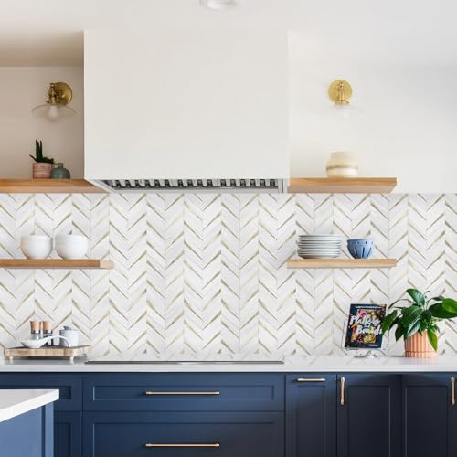 STICKGOO Herringbone Tile Peel and Stick Backsplash for Kitchen&Bathroom - color: Dolomite White Mixed Light Gold