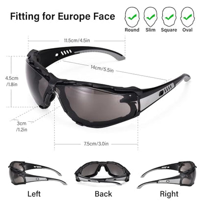 SAFEYEAR Safety Glasses Anti Fog Scratch Resistant ANSI Z87.1 CE Protective Eyewear with Foam Gasket Adjustable Strap - color: Tinted Black & Grey